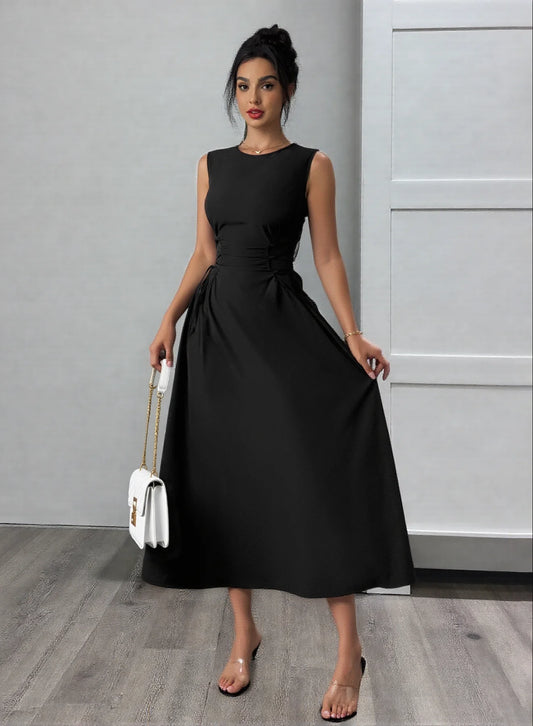 Womens Black Round Neck Bow Detail Flare Midi Dress