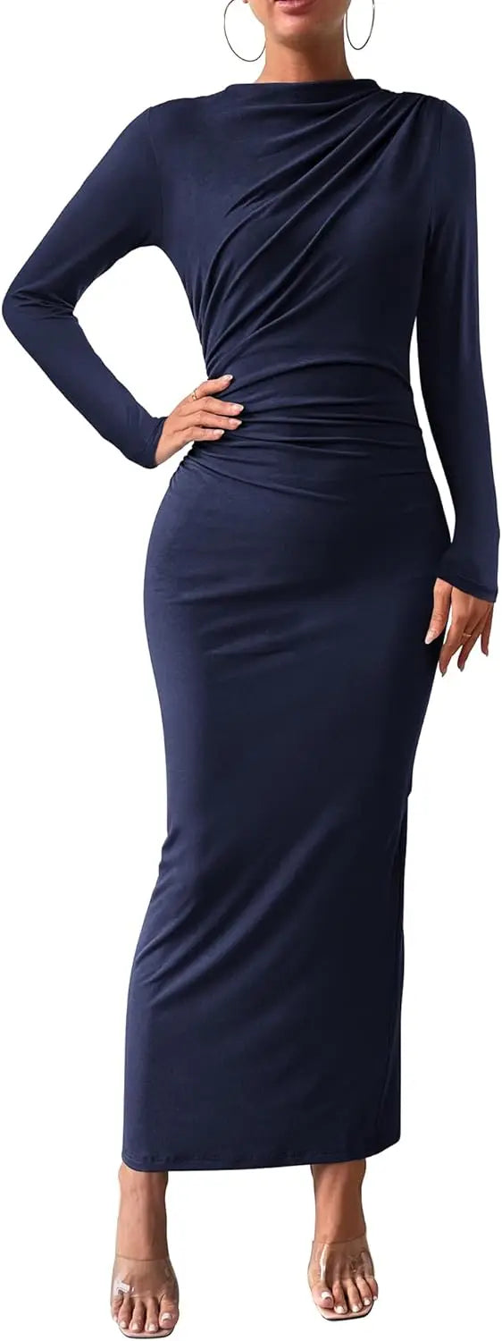 Elegant Ruched Long Sleeve Maxi Dress