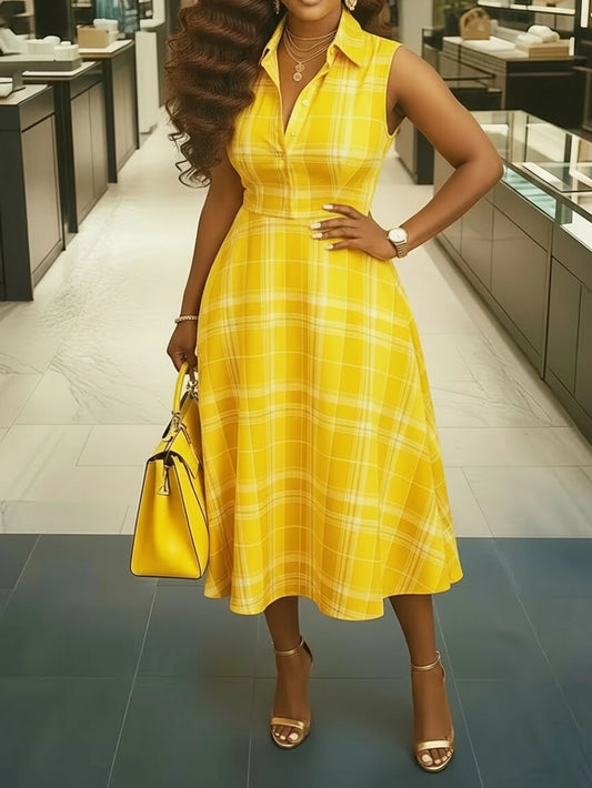 Womens Yellow Plaid Sleeveless Lapel Collar Midi Dress