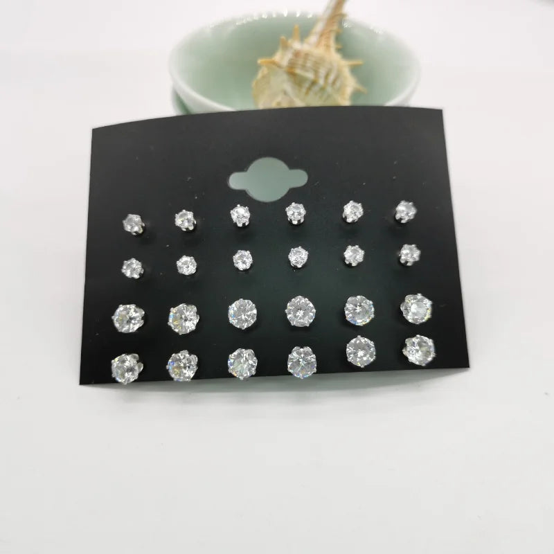 24pcs Cubic Zirconia Stud Earrings - Stainless Steel