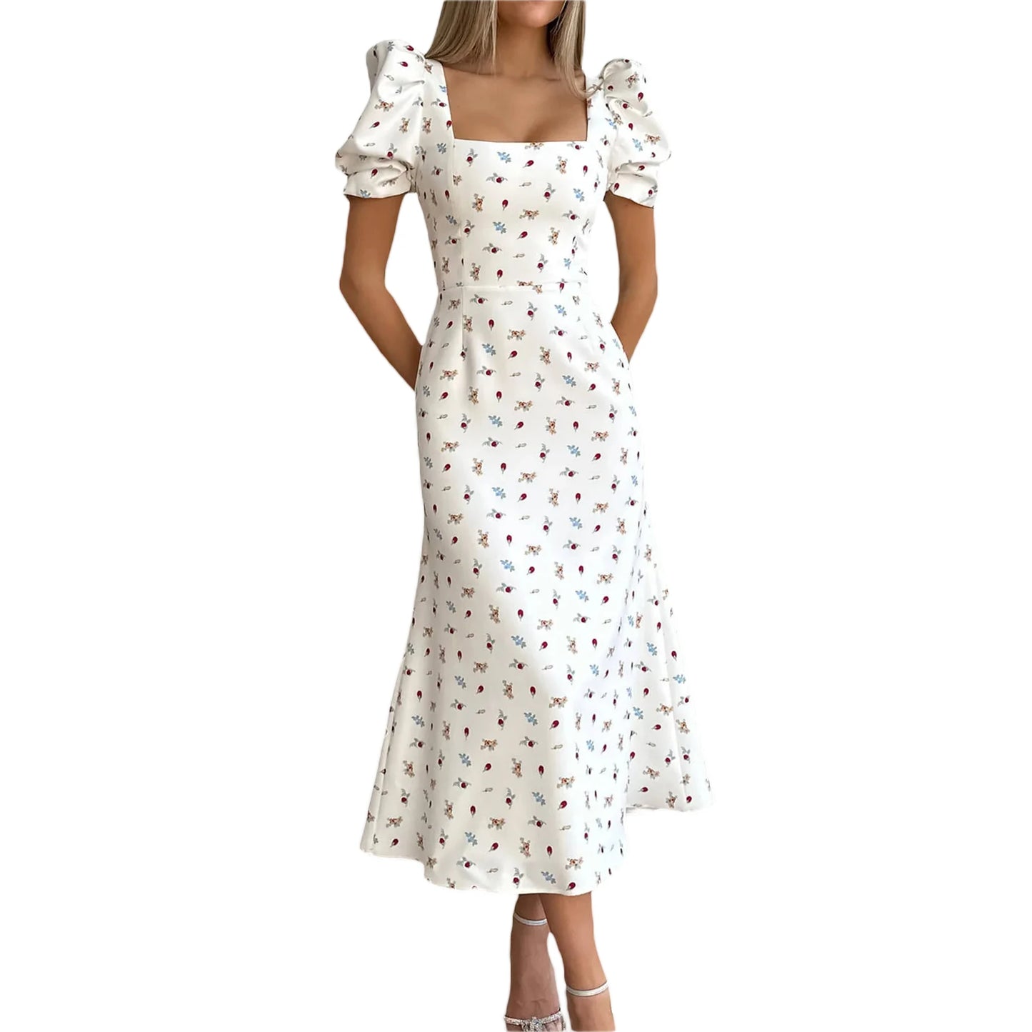 Casual Floral Midi Dress, Puff Sleeve Elegant