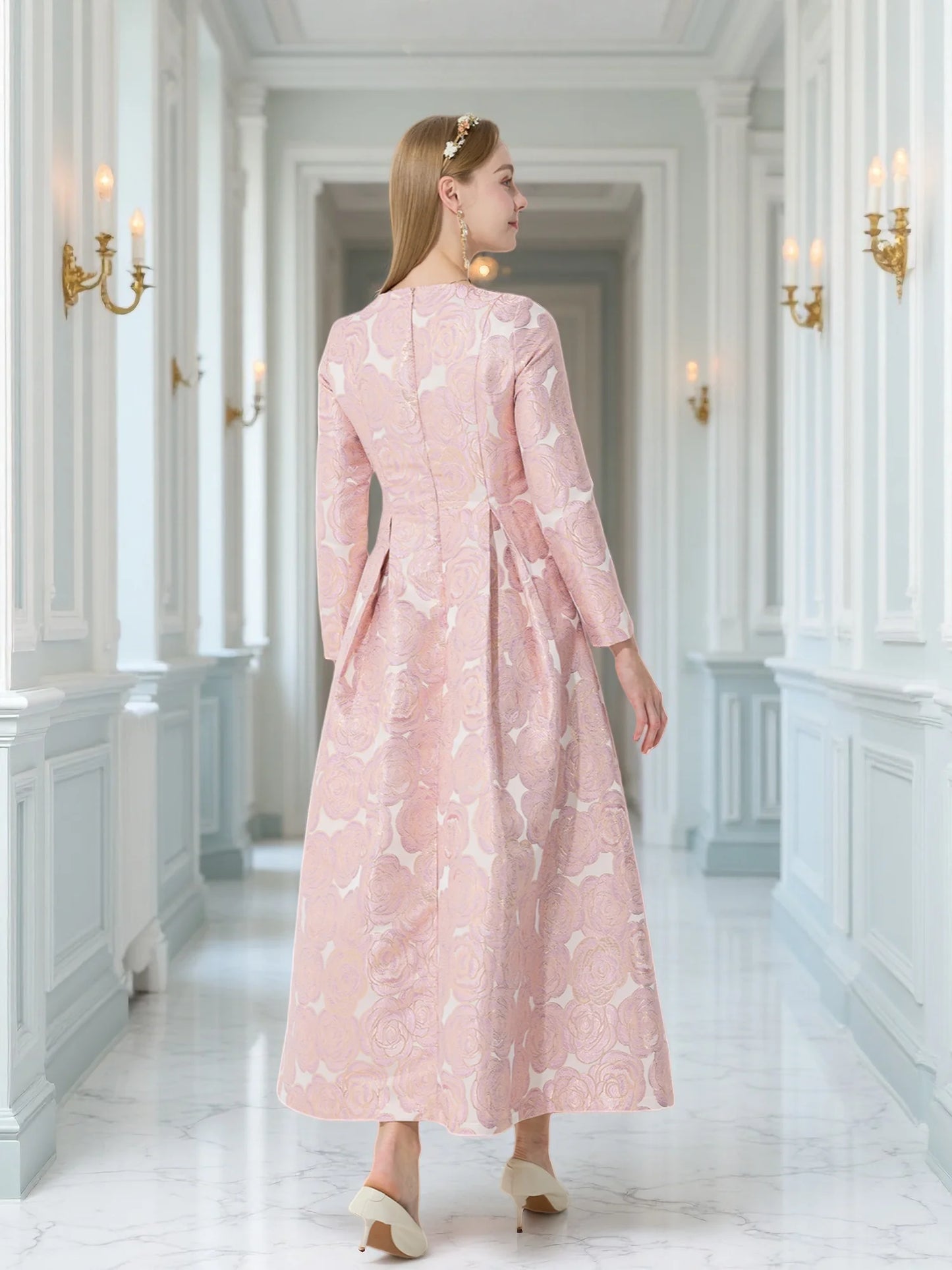 Elegant Pink Rose-Pattern Design Long Sleeve Midi Dress