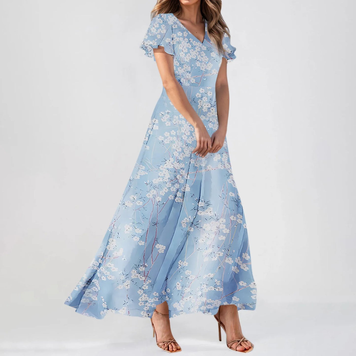 Casual Short Sleeve Floral Maxi Dresses