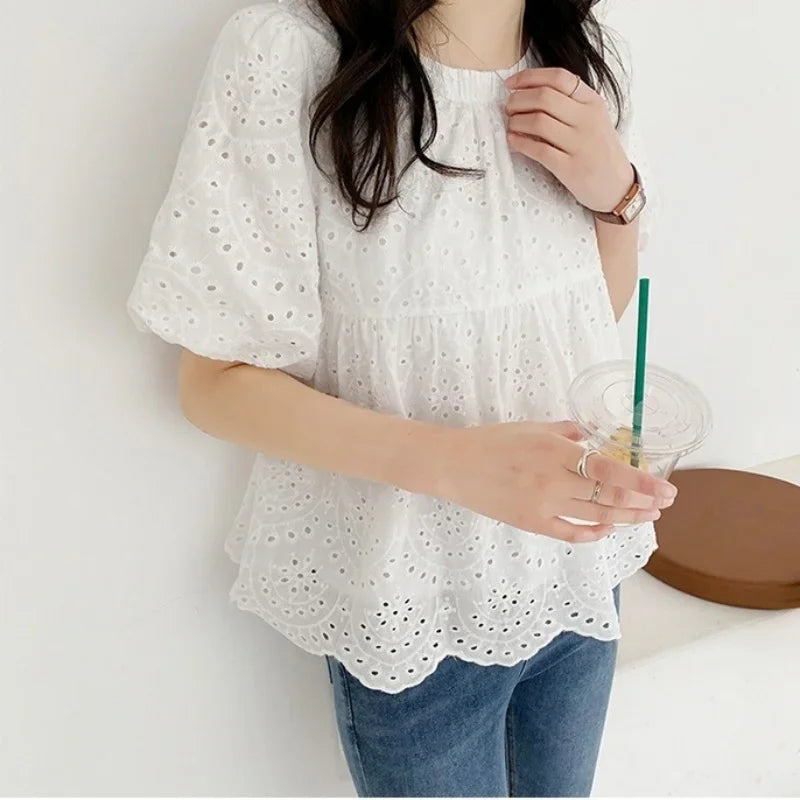 Embroidery Casual Loose Shirts Puff Sleeve Blouse