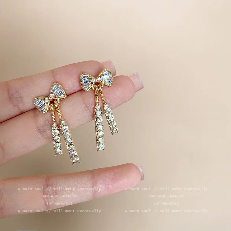 Gold Color Rhinestone Bow Stud Earrings For Women