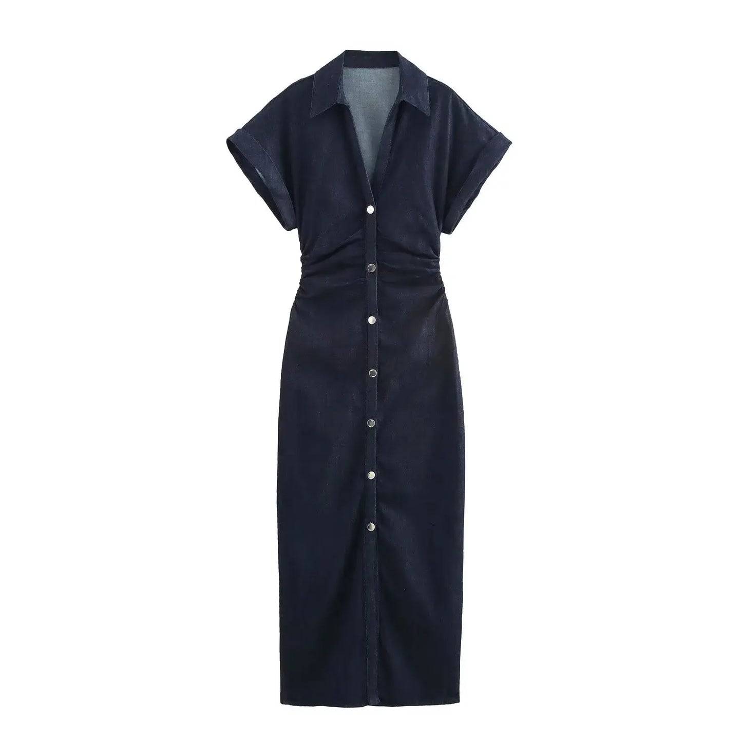 Elegant denim with lapel wrinkle waist dress