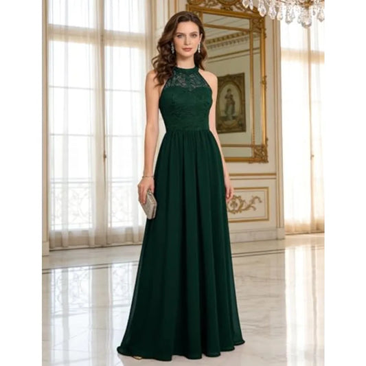 Dark Green Halter Lace Formal Gown