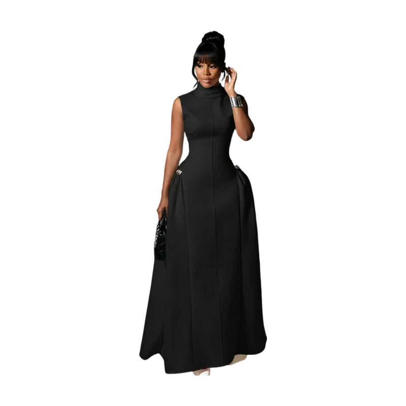 Red High Neck Flared Maxi Formal Dress