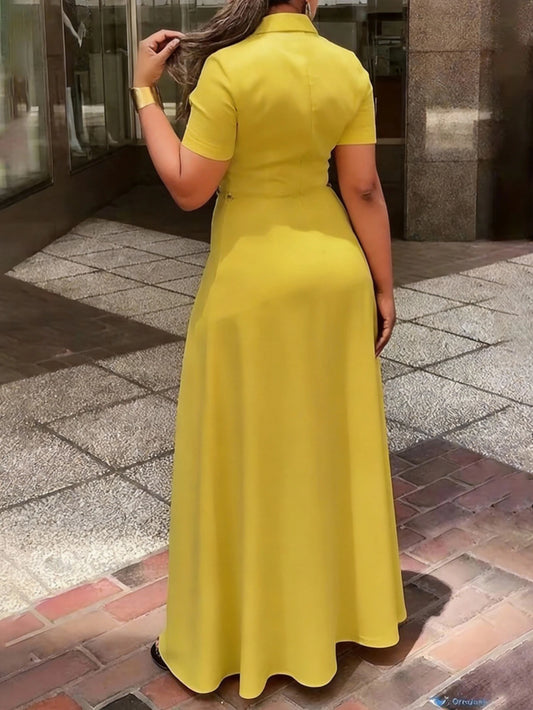 Yellow Lapel Collar Button Maxi Dress With Pockets