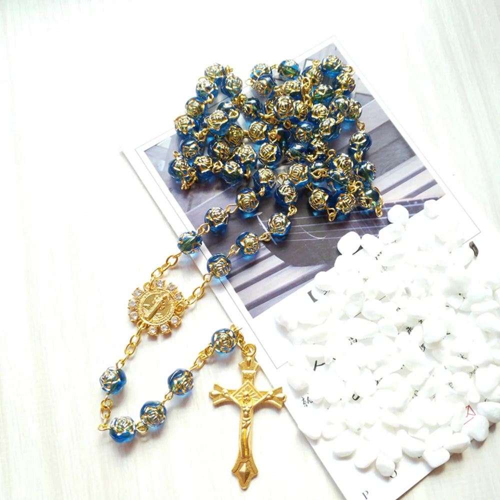 Blue Rose Beads St Benedict Medal Rosary Necklace