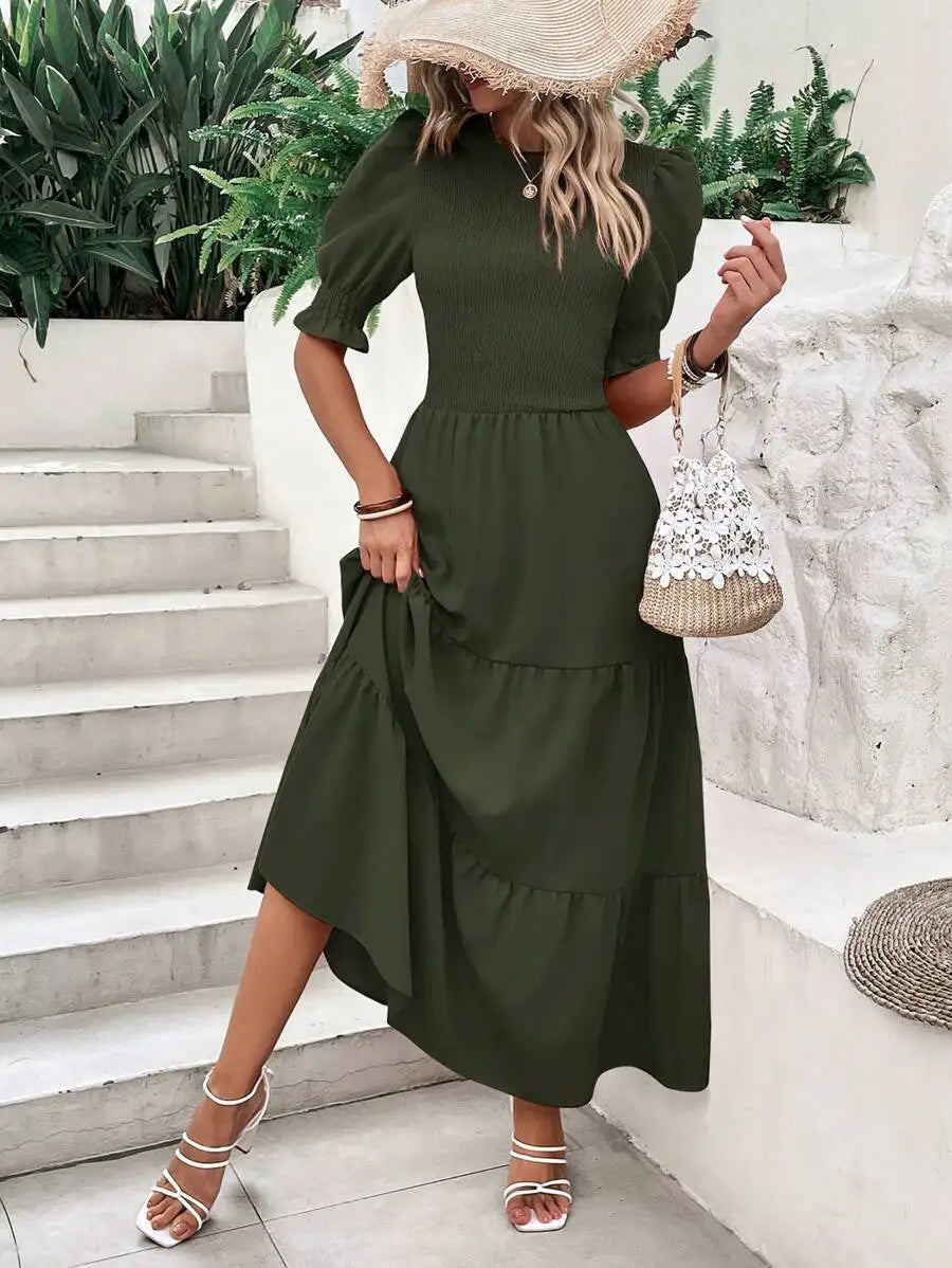 Olive Green Flowy Puff Sleeve Tiered Dress