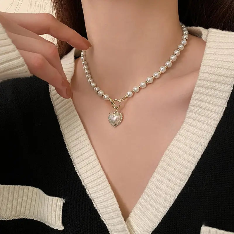 Elegant Pearl Necklace Heart Pendant Imitation Pearls
