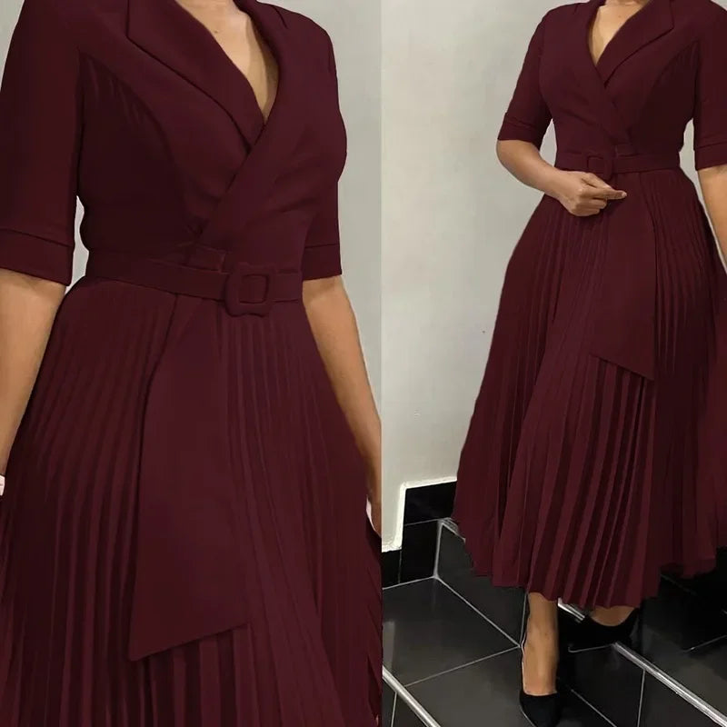 Elegant Office Dress Half Sleeve Belted Midi