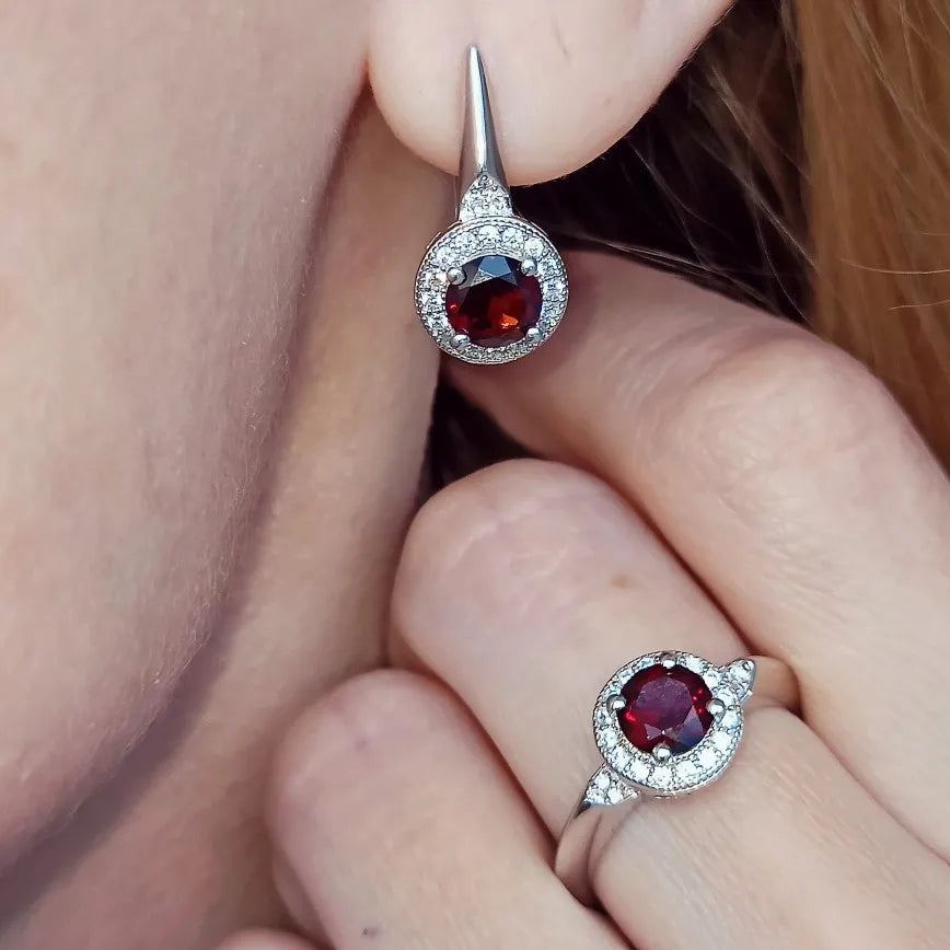 3.15 Ct Garnet Earrings Ring Set, Sterling Silver