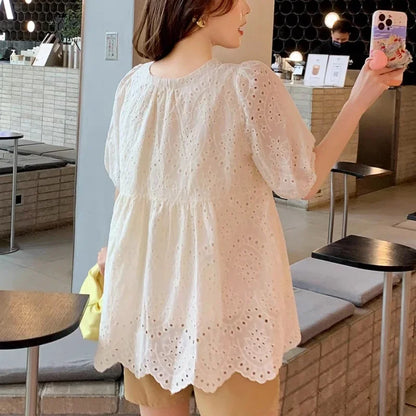 Embroidery Casual Loose Shirts Puff Sleeve Blouse