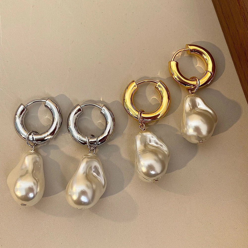 Pearl Earrings Gold Color Round Ear clip Dangle