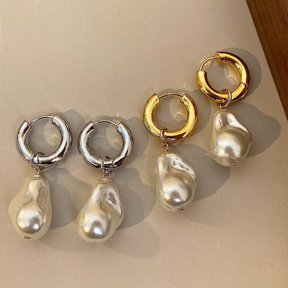 Pearl Earrings Gold Color Round Ear clip Dangle