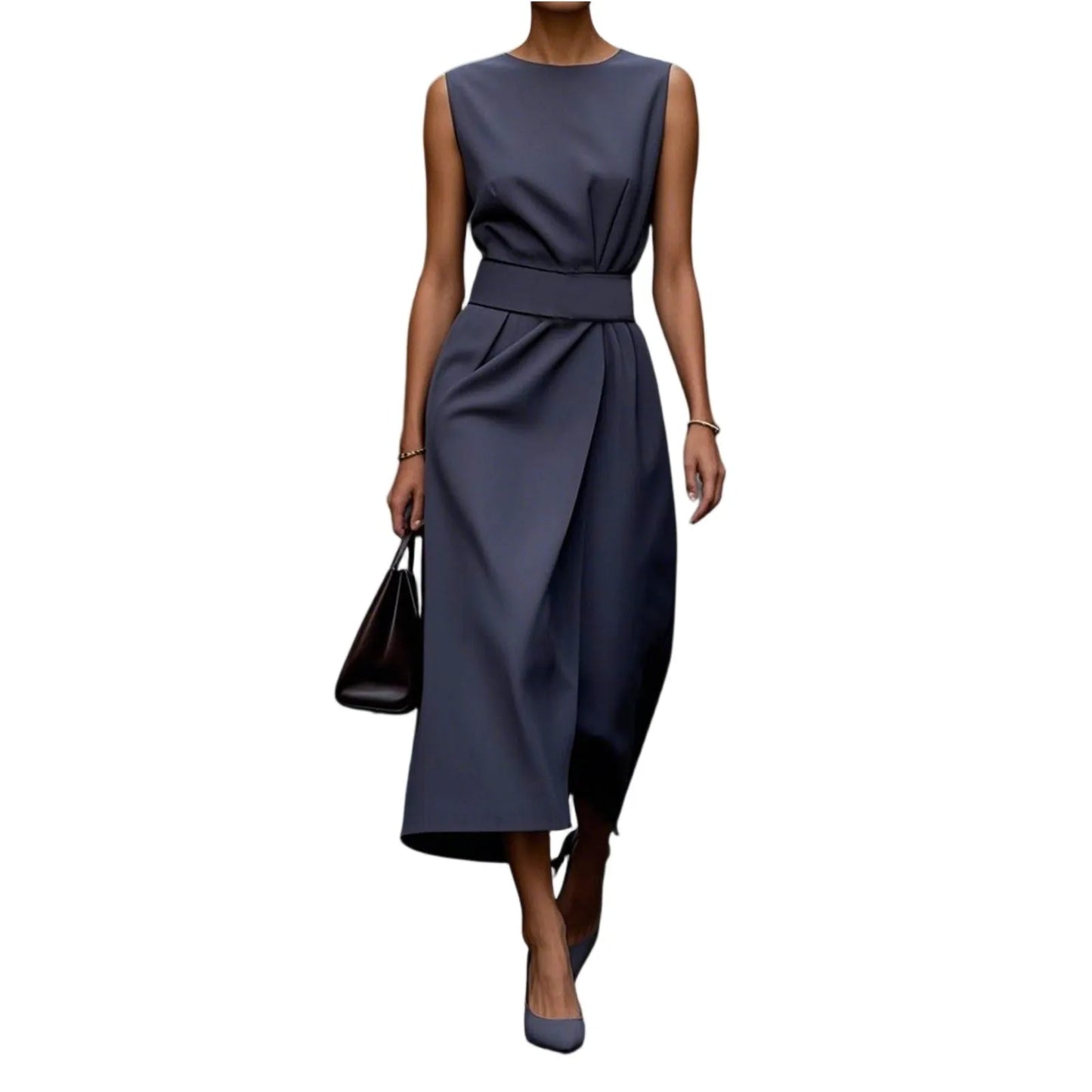 Casual Round Neck Sleeveless Dress With Belt