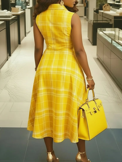 Womens Yellow Plaid Sleeveless Lapel Collar Midi Dress