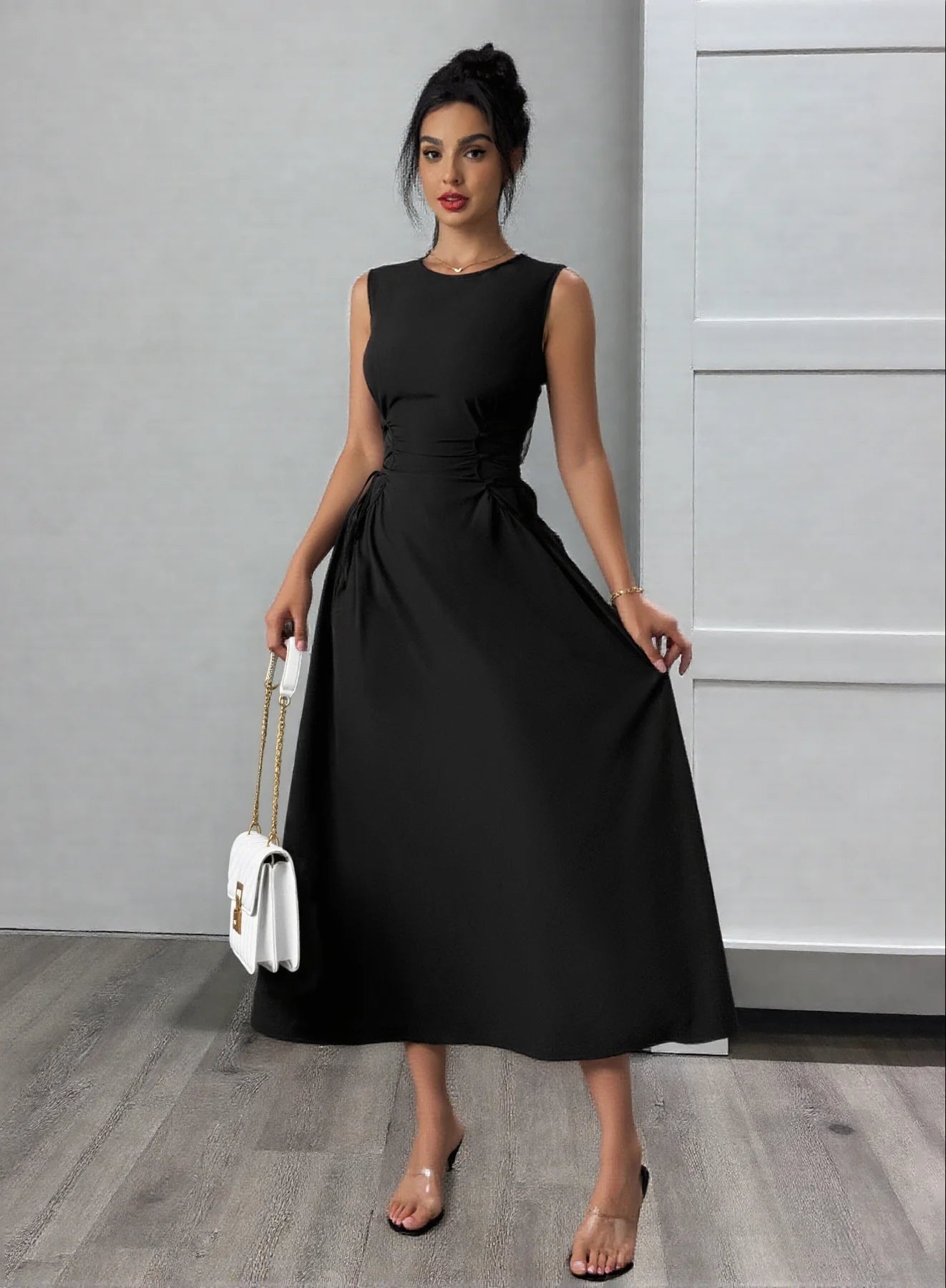 Womens Black Round Neck Bow Detail Flare Midi Dress