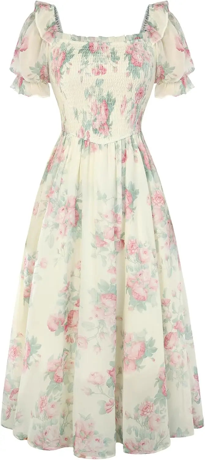 Floral Puff Sleeve A-Line Summer Dress