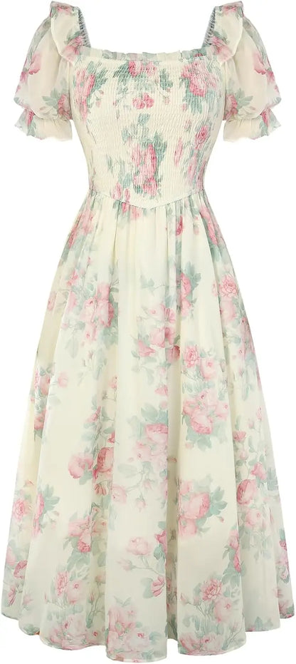 Floral Puff Sleeve A-Line Summer Dress