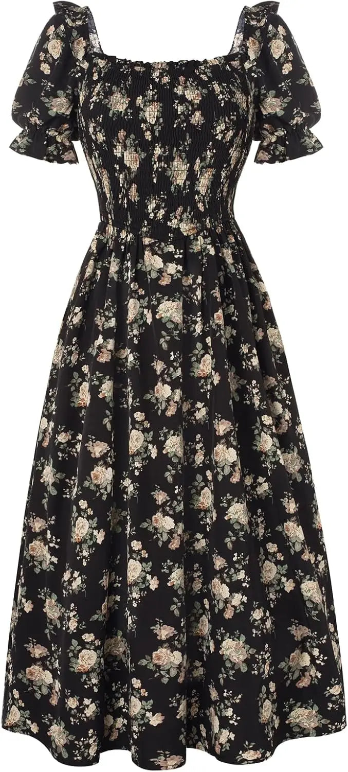 Floral Puff Sleeve A-Line Summer Dress