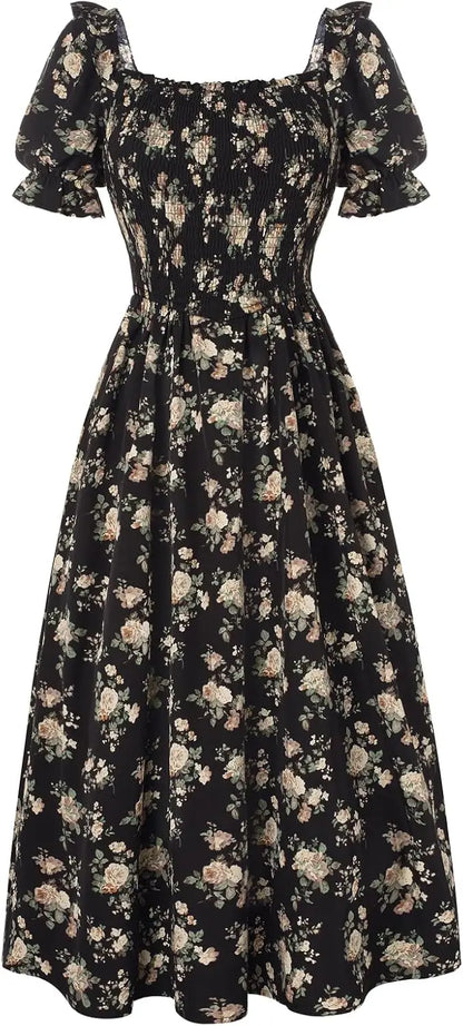 Floral Puff Sleeve A-Line Summer Dress