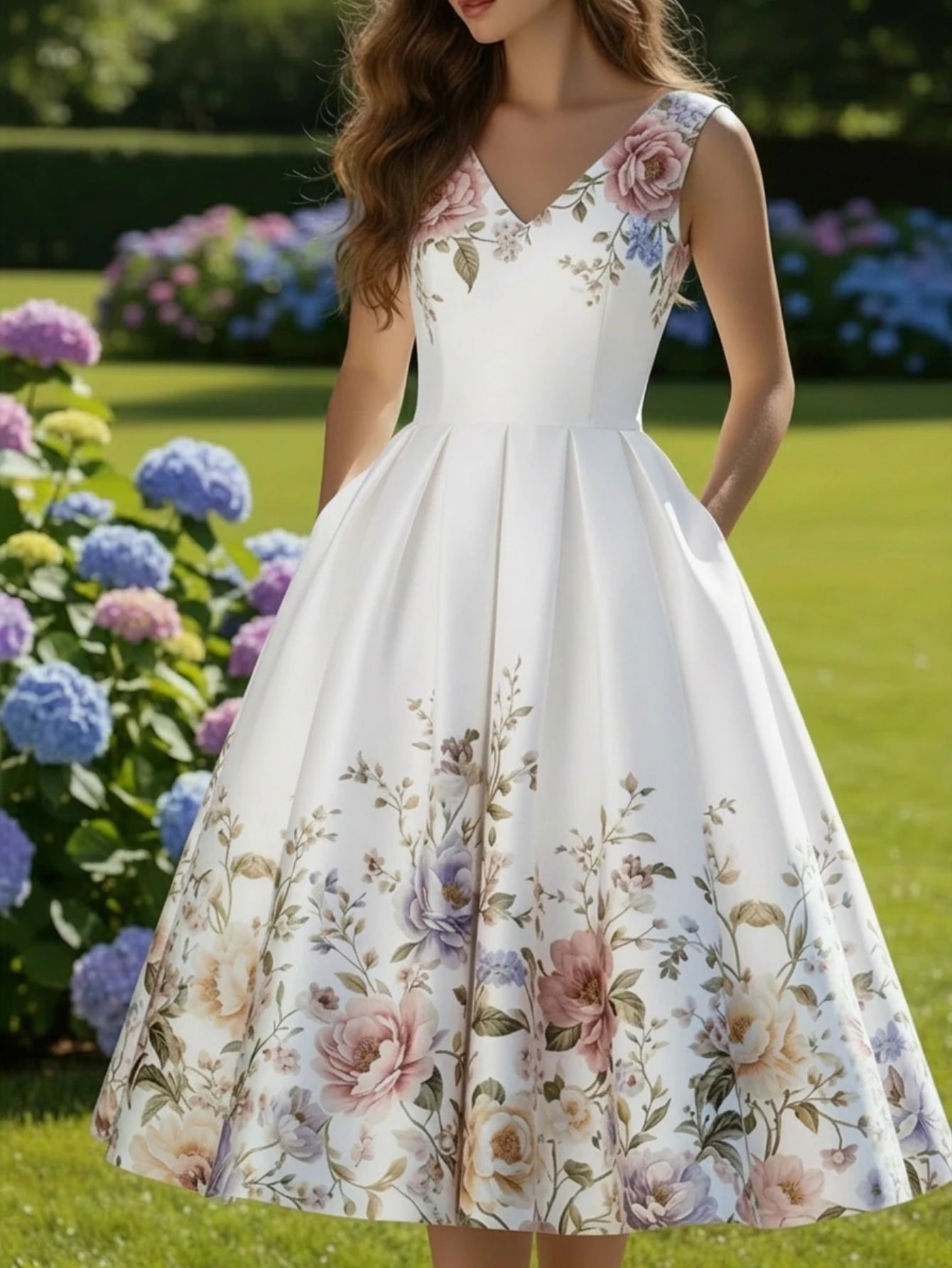 Womens Floral Print Pleated Swing Midi Dress