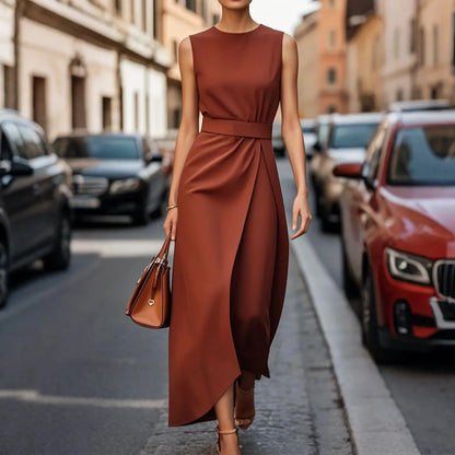 Casual Round Neck Sleeveless Dress With Belt