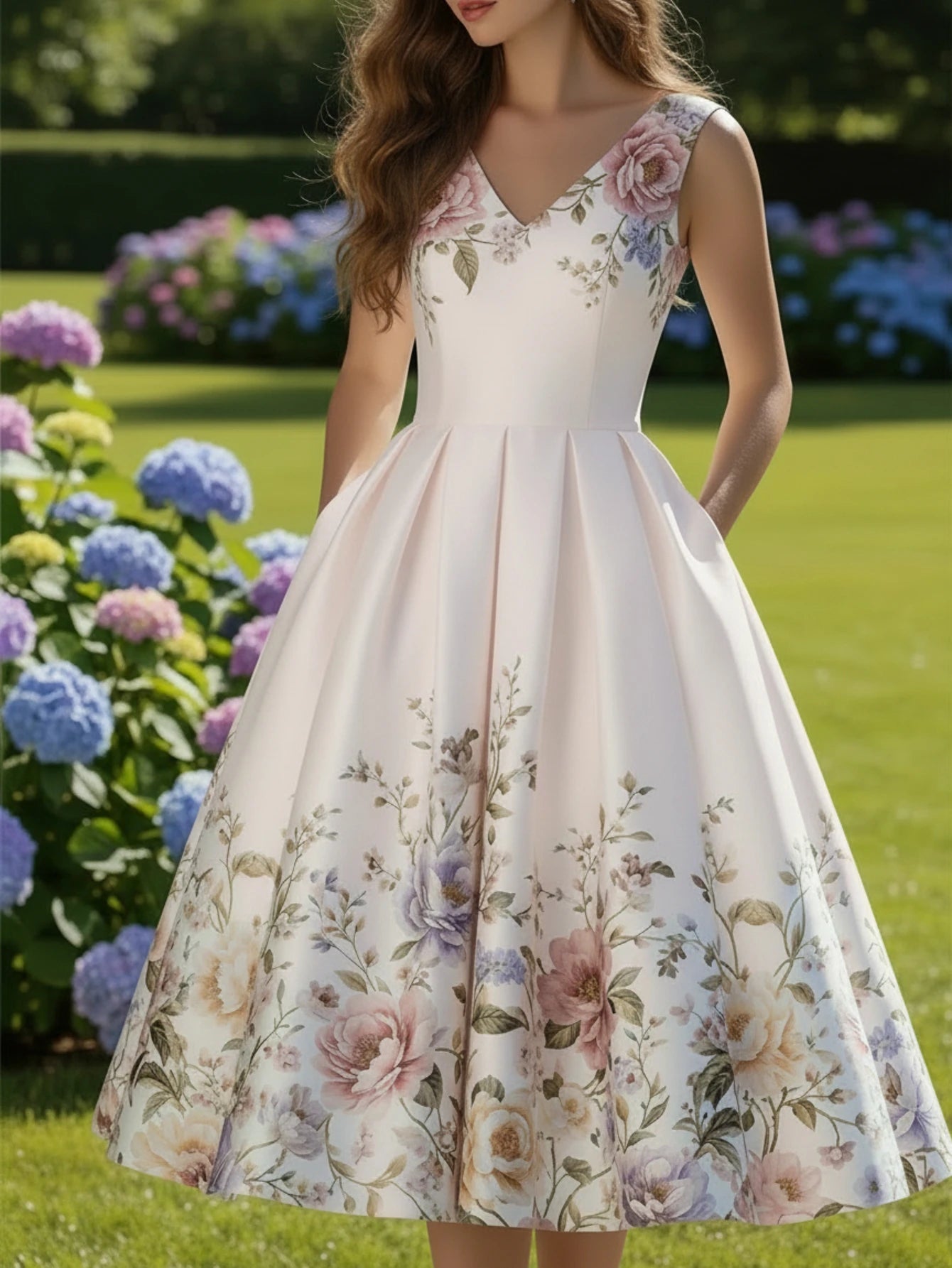 Womens Floral Print Pleated Swing Midi Dress