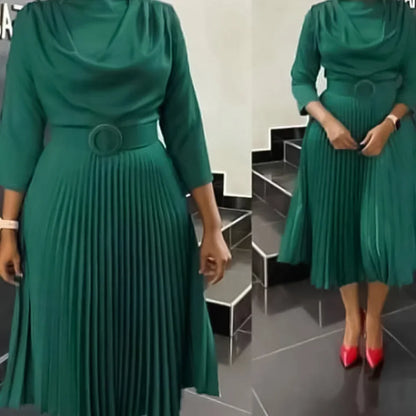Dark Blue Pleated Midi Office Dress – Elegant Workwear Belted Dress with Waist Detail