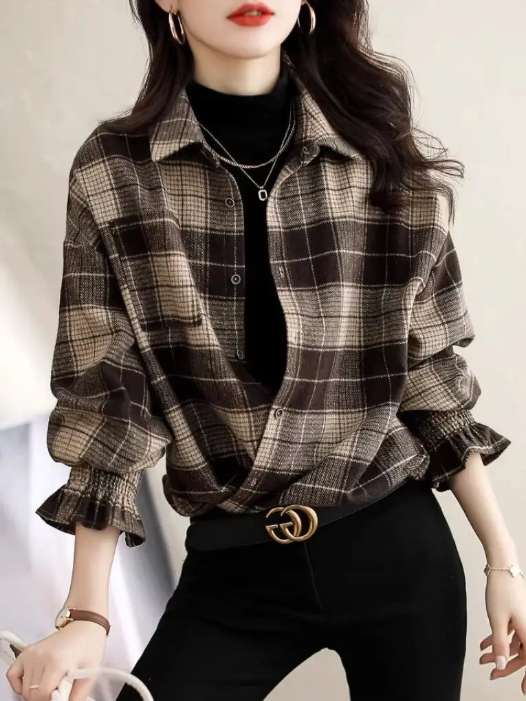 Women Brown Plaid Lapel Button Front Blouse
