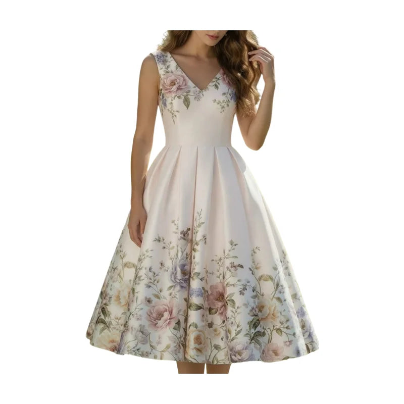 Womens Floral Print Pleated Swing Midi Dress