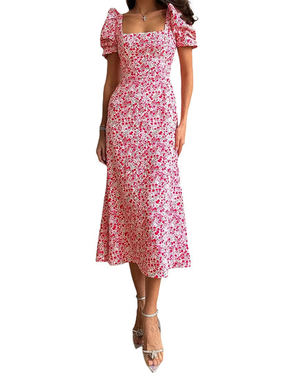 Casual Floral Midi Dress, Puff Sleeve Elegant