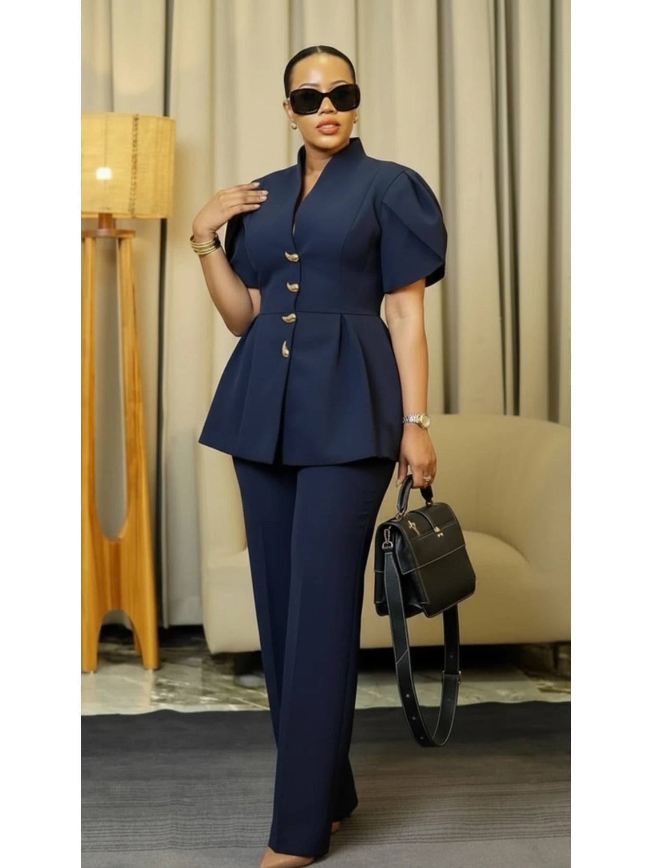 Blue Peplum Top Straight Leg Pants Set