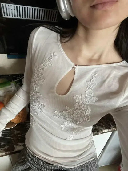 Floral Mesh Tops Long Sleeve T-Shirt