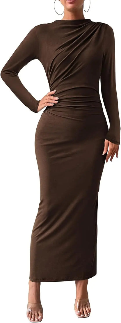 Elegant Ruched Long Sleeve Maxi Dress