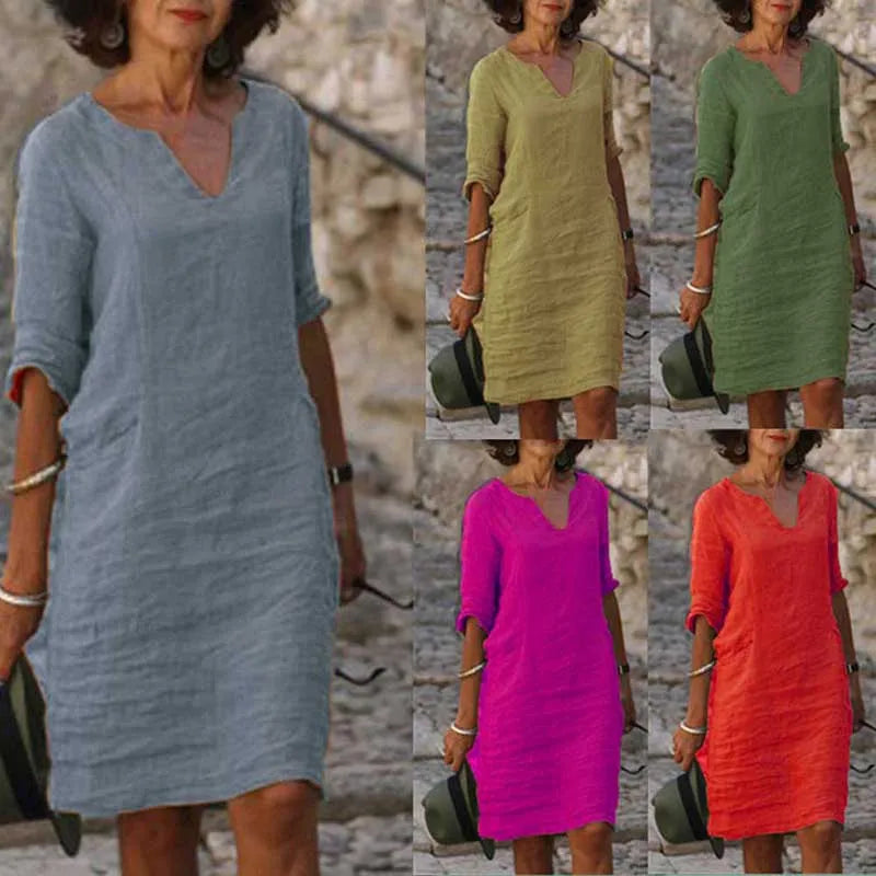 Casual Cotton Linen V-neck Ladies Dress, Party