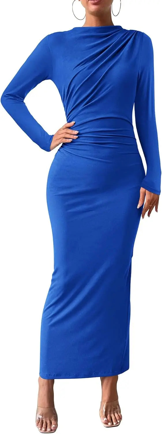 Elegant Ruched Long Sleeve Maxi Dress