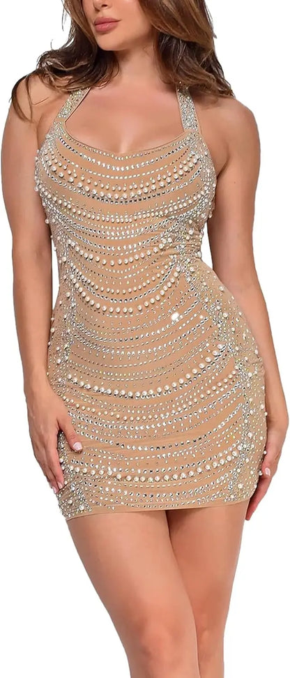 Women's See Through Sequined Rhinestone Dress