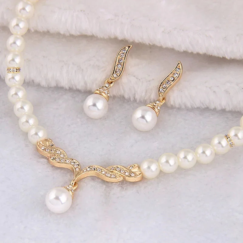 Pearl Jewelry Set Necklace Earrings Wedding  Gold Color