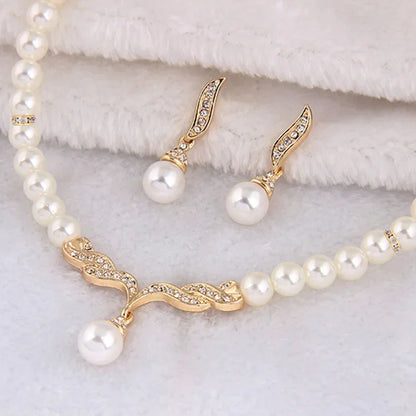 Pearl Jewelry Set Necklace Earrings Wedding  Gold Color