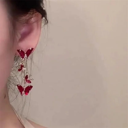 Elegant Zirconia, Red Bead, Butterfly Earrings for Women