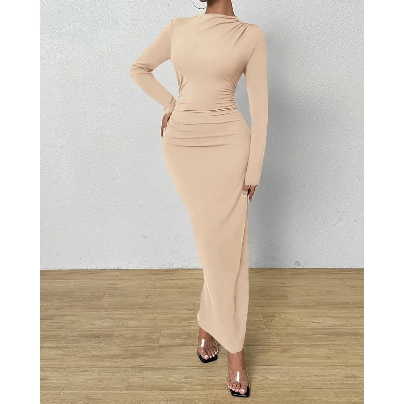 Elegant Ruched Long Sleeve Maxi Dress