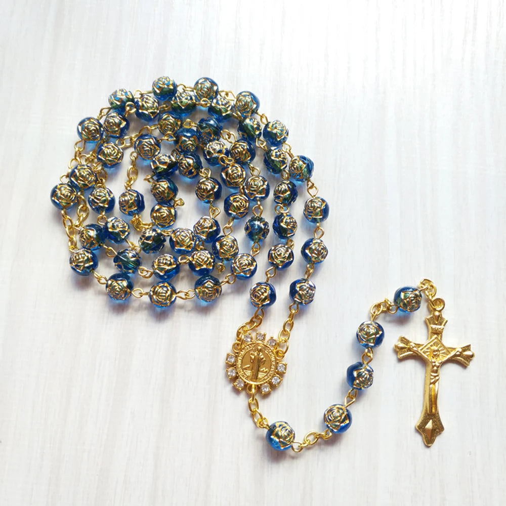 Blue Rose Beads St Benedict Medal Rosary Necklace