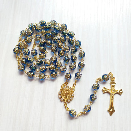 Blue Rose Beads St Benedict Medal Rosary Necklace