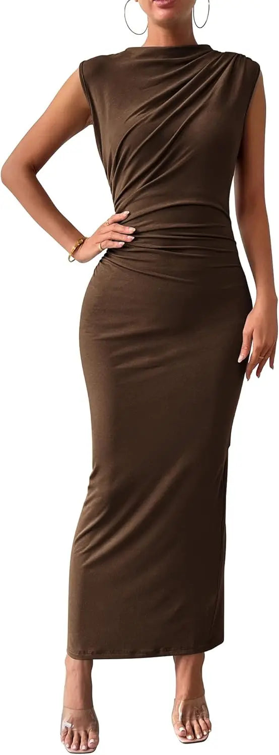 Womens Ruched Sleeveless Slit Bodycon Midi Dress