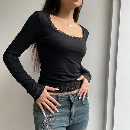 Black Long Sleeves T-shirt  Lace  Casual