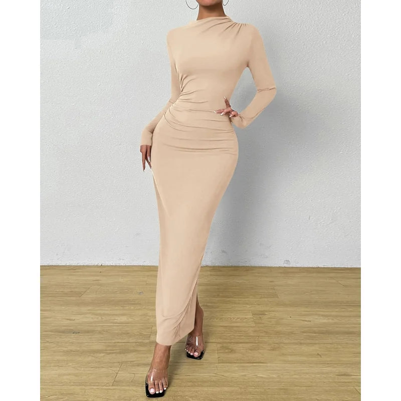 Elegant Ruched Long Sleeve Maxi Dress